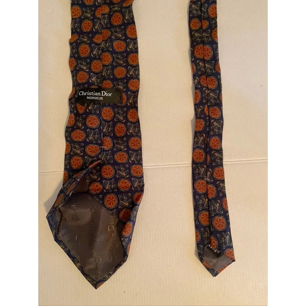 Christian Dior Monsieur Silk Tie Medallion Dragon Navy Blue Orange Geometric